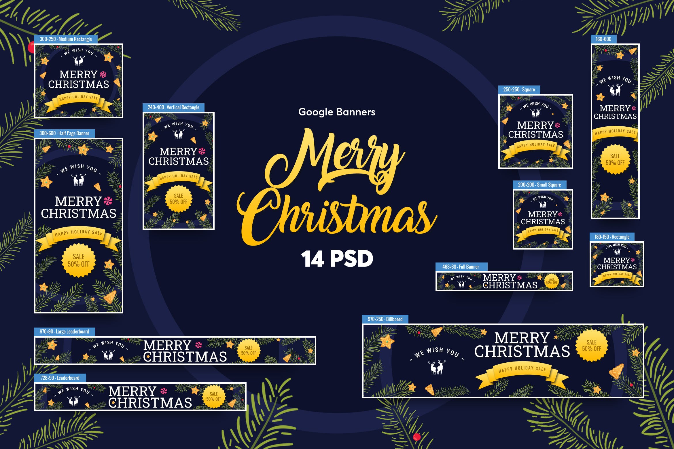 圣诞节主题谷歌广告Banner设计全尺寸套装模板v2 Merry Christmas Banners Ad插图