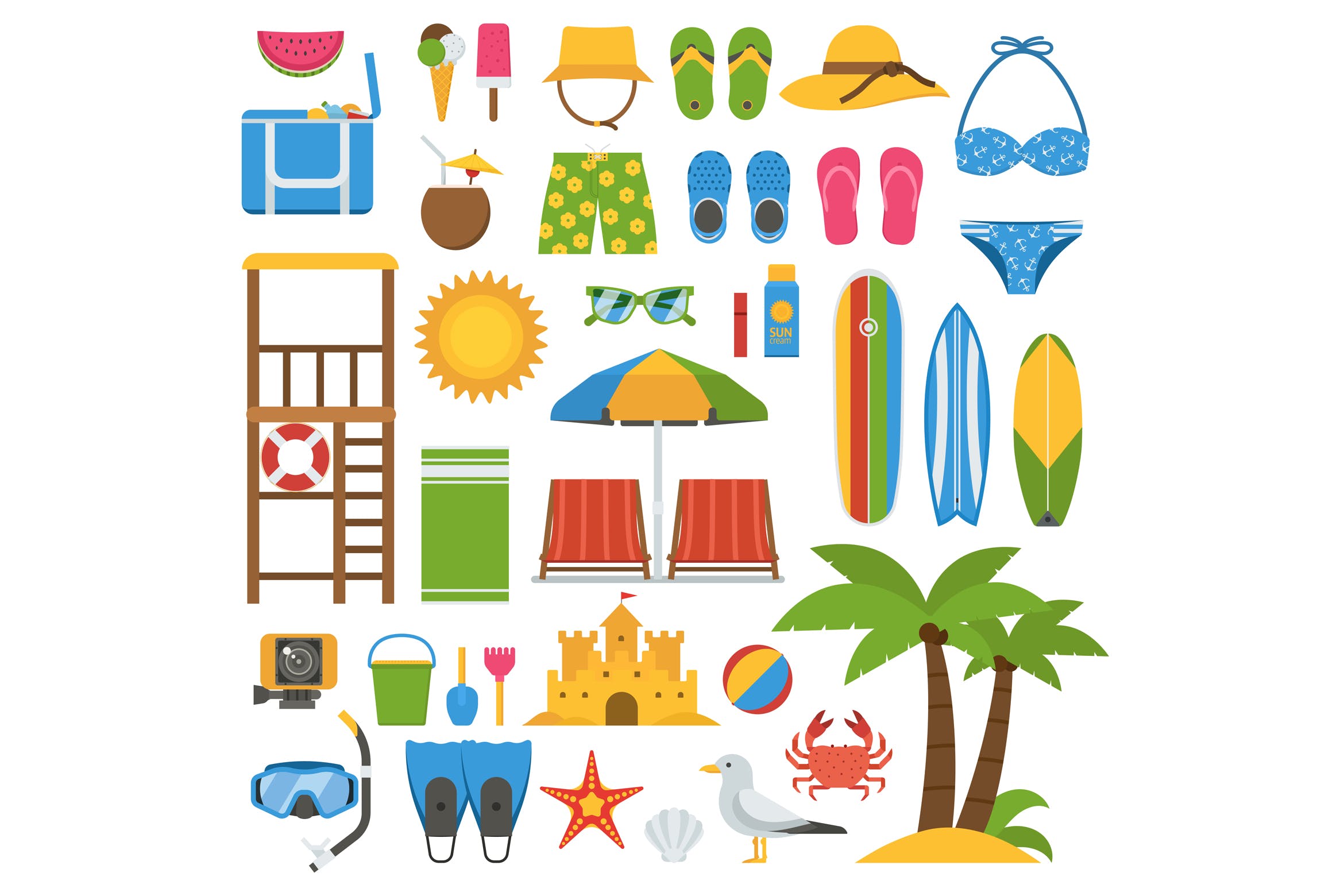 夏日海滩主题素材库精选图标和元素设计素材集 Summer Beach Icons and Elements Set插图