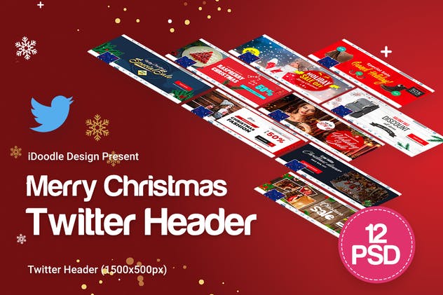 圣诞节促销活动社交媒体/新媒体/网站Banner设计模板 Merry Christmas Twitter Headers插图(1)