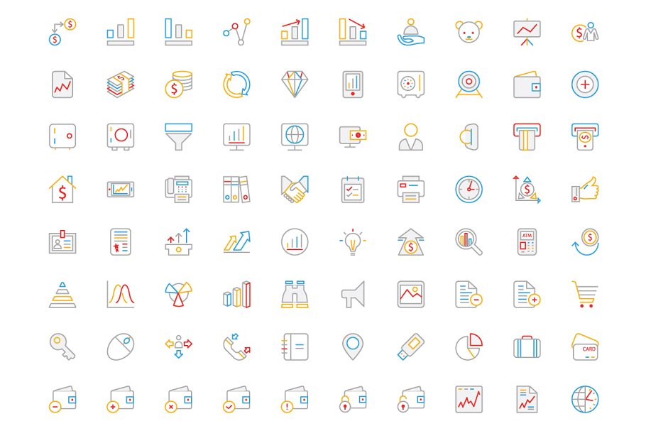 250+金融银行主题多彩线条图标素材 250+ Finance Colored Line Icons插图(1)