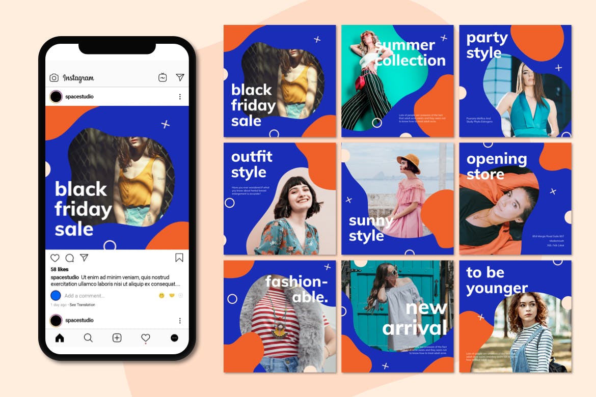 Instagram社交推广孟菲斯液体设计风格模板素材库精选 Instagram Templates Liquid Style插图(1)