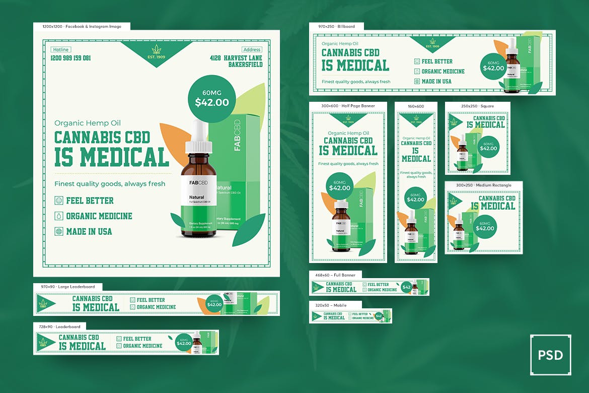 大麻/CBD大麻油电子烟烟油主题Banner横幅广告设计PSD模板 Cannabis Hemp Oil Banners Ad PSD Template插图(1)