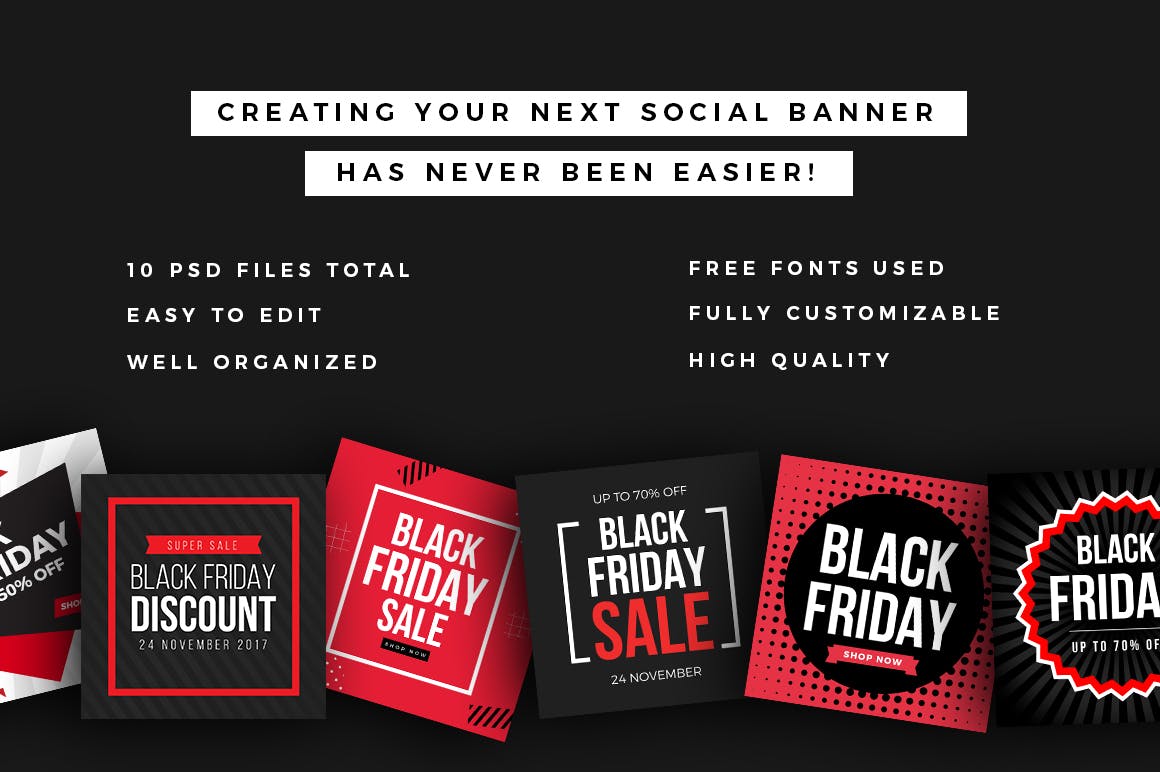 社交媒体黒五购物节促销广告Banner设计模板素材库精选v3 Black Friday Social Media Banners V3插图(1)