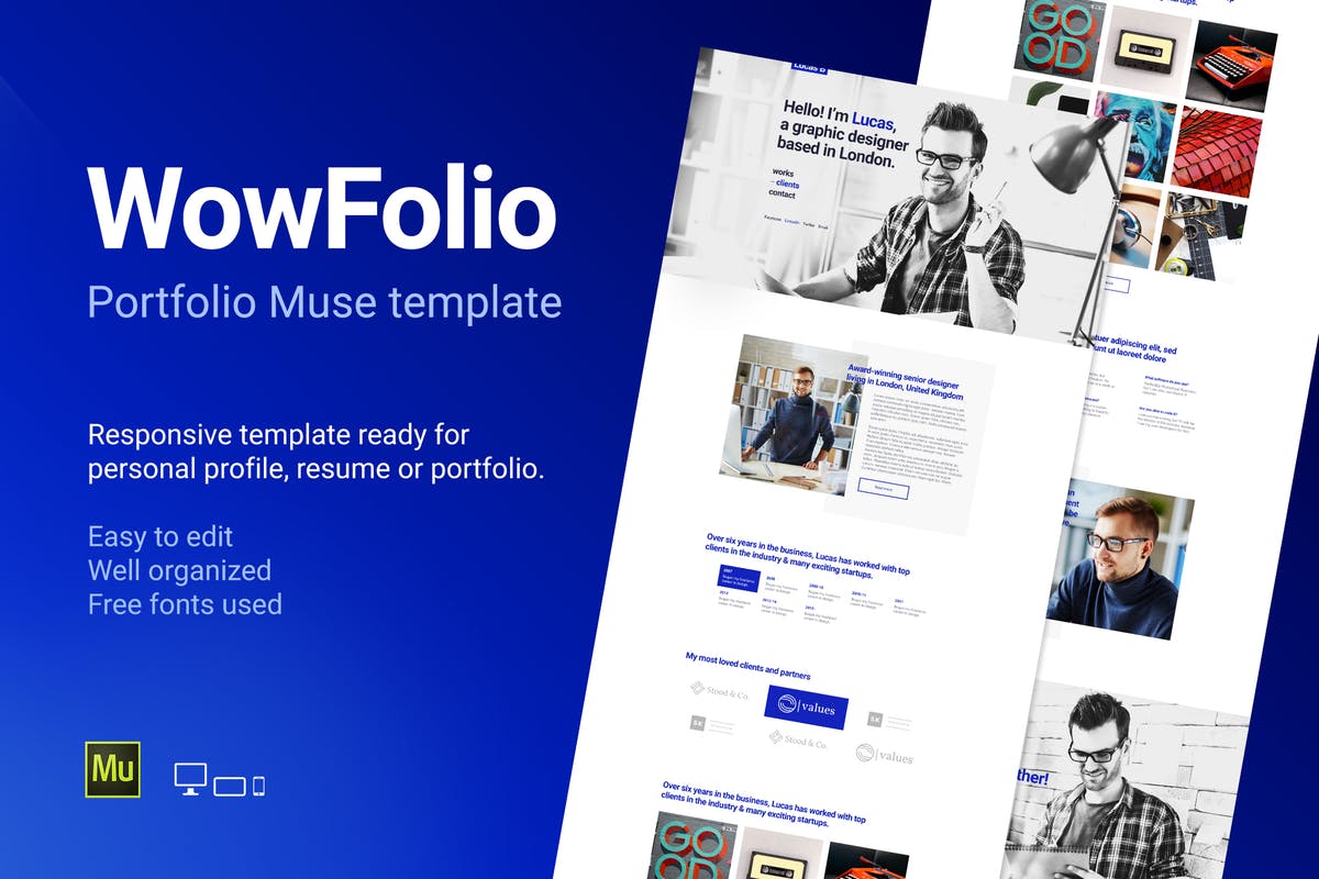 响应式单页个人作品集/摄影网站Muse模板素材库精选 WowFolio – Responsive Portfolio / Resume Muse Temp插图