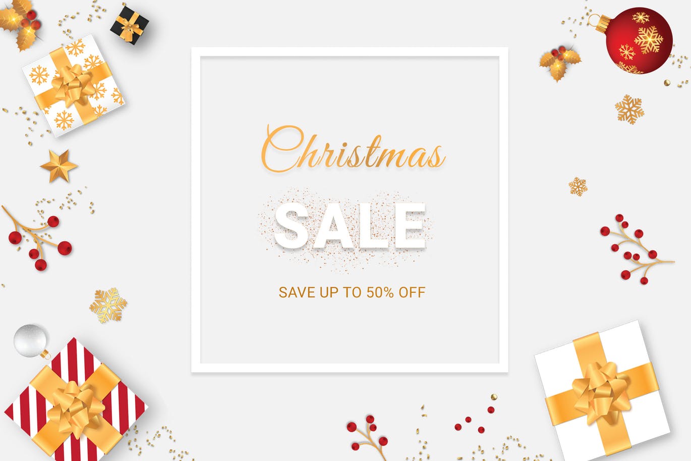 圣诞节网上商城促销活动背景Banner设计模板 Christmas Sale Banner In White , Red Background插图