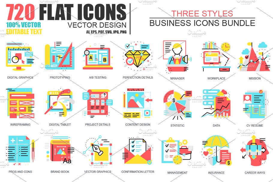 720枚企业服务主题扁平风格图标合集 Ultimate Flat Icons Pack插图