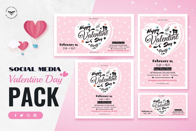 情人节主题社交媒体贴图模板素材库精选[粉色版本] Valentines Day Social Media Template插图(1)