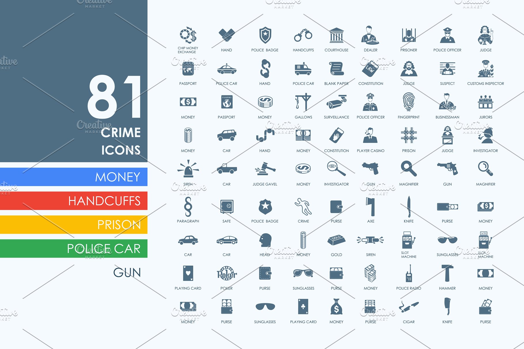 犯罪/监狱/警察主题图标集 Set of crime icons插图