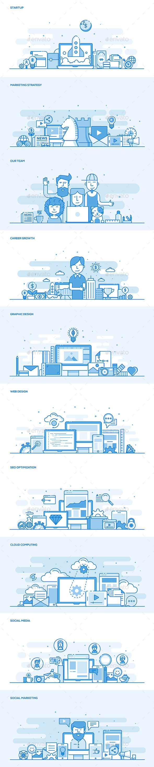 扁平彩色条幅 Banner 素材 Set of Flat Line Color Banners（三）插图