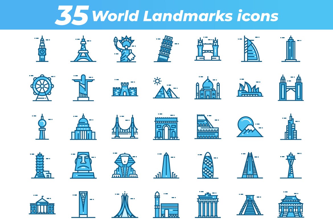 35枚世界地标主题矢量素材库精选图标 35 World Landmarks Icons插图(1)