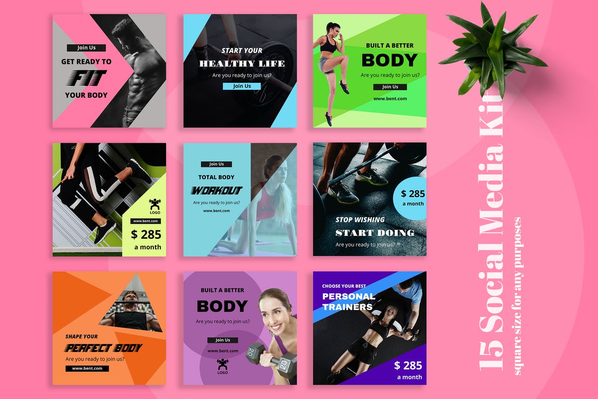健身品牌社交媒体广告模板合集 Bent  – Gym Social Media Kit插图