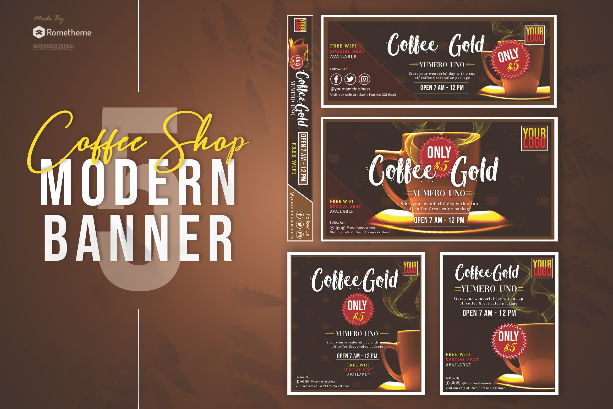 咖啡＆咖啡店品牌广告Banner设计模板素材 Coffee Shop Banner Pack Template插图