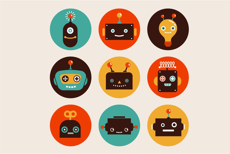 复古老式机器人图标集 Vintage robots set插图(4)