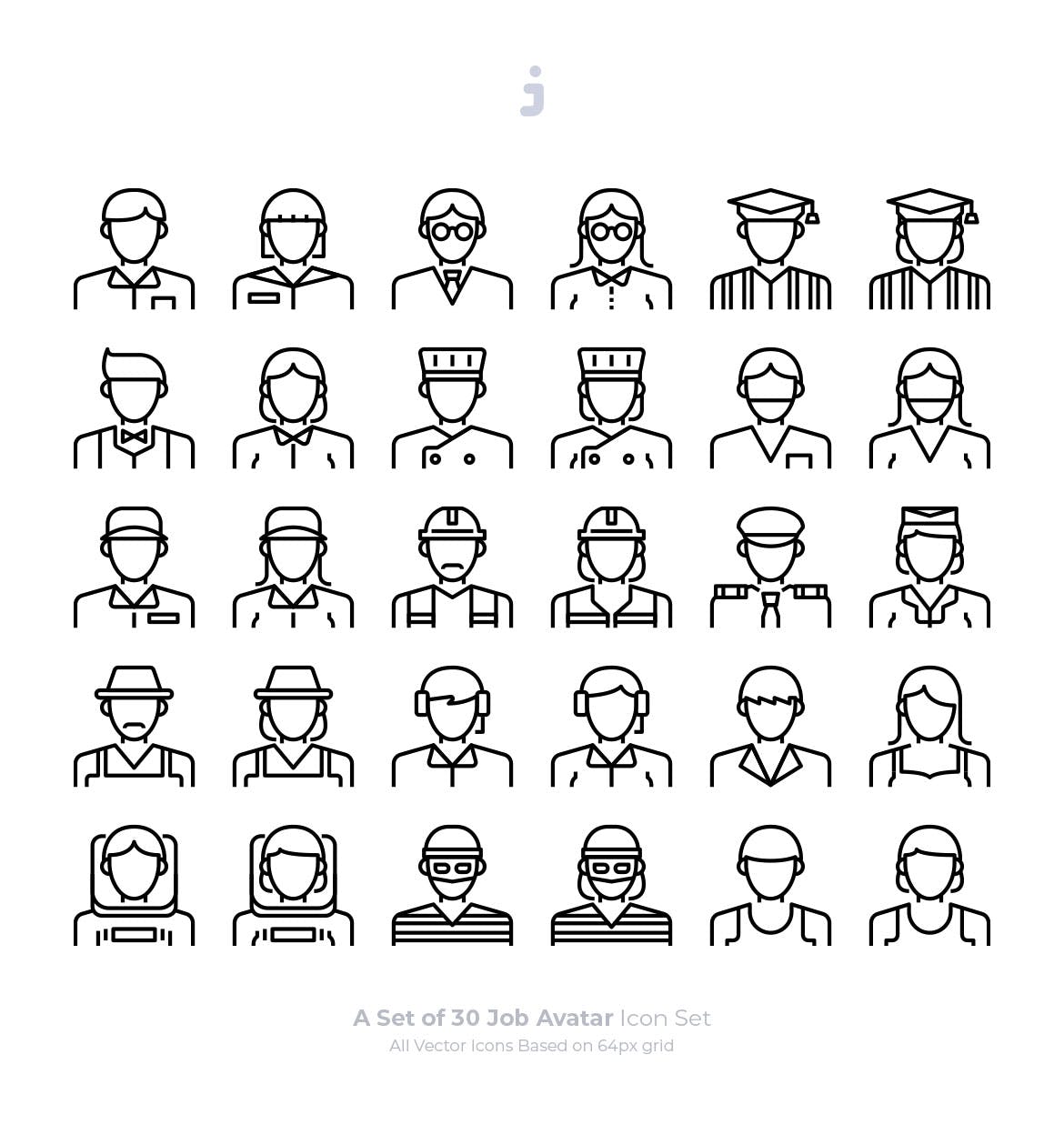 30枚工作岗位人物形象Outline风格矢量图标 30 Job Avatar Icons – Outliner插图(1)