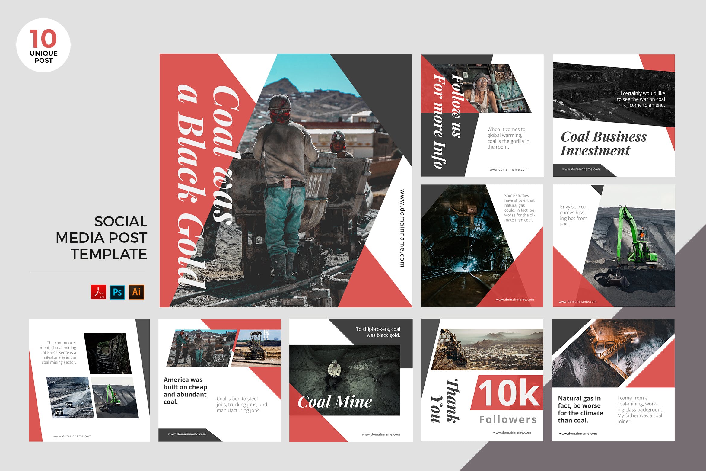 煤矿公司社交宣传PSD/AI设计模板素材库精选 Coal Mining Social Media Kit PSD & AI插图