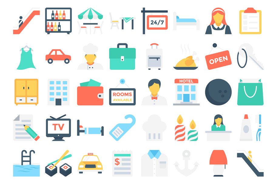 152枚扁平设计风酒店＆餐馆图标 152 Flat Hotel and Restaurant Icons插图(2)