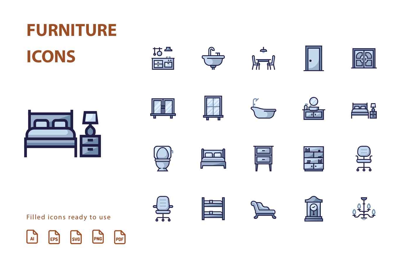 家具矢量填充素材库精选图标素材v1 Furniture Filled Part 1插图(1)