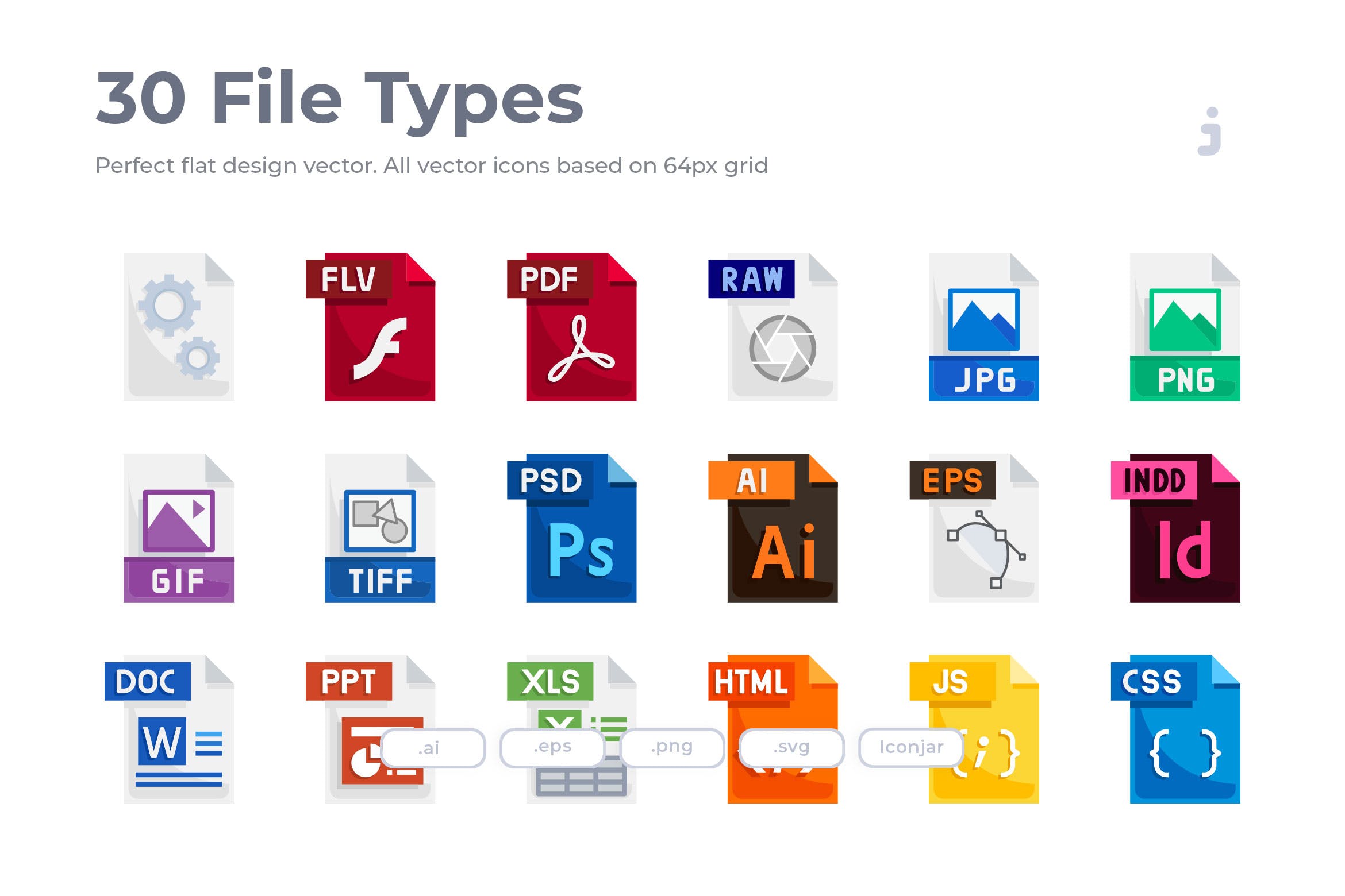 30种文件格式扁平设计风格素材库精选图标 30 File Types Icons – Flat插图
