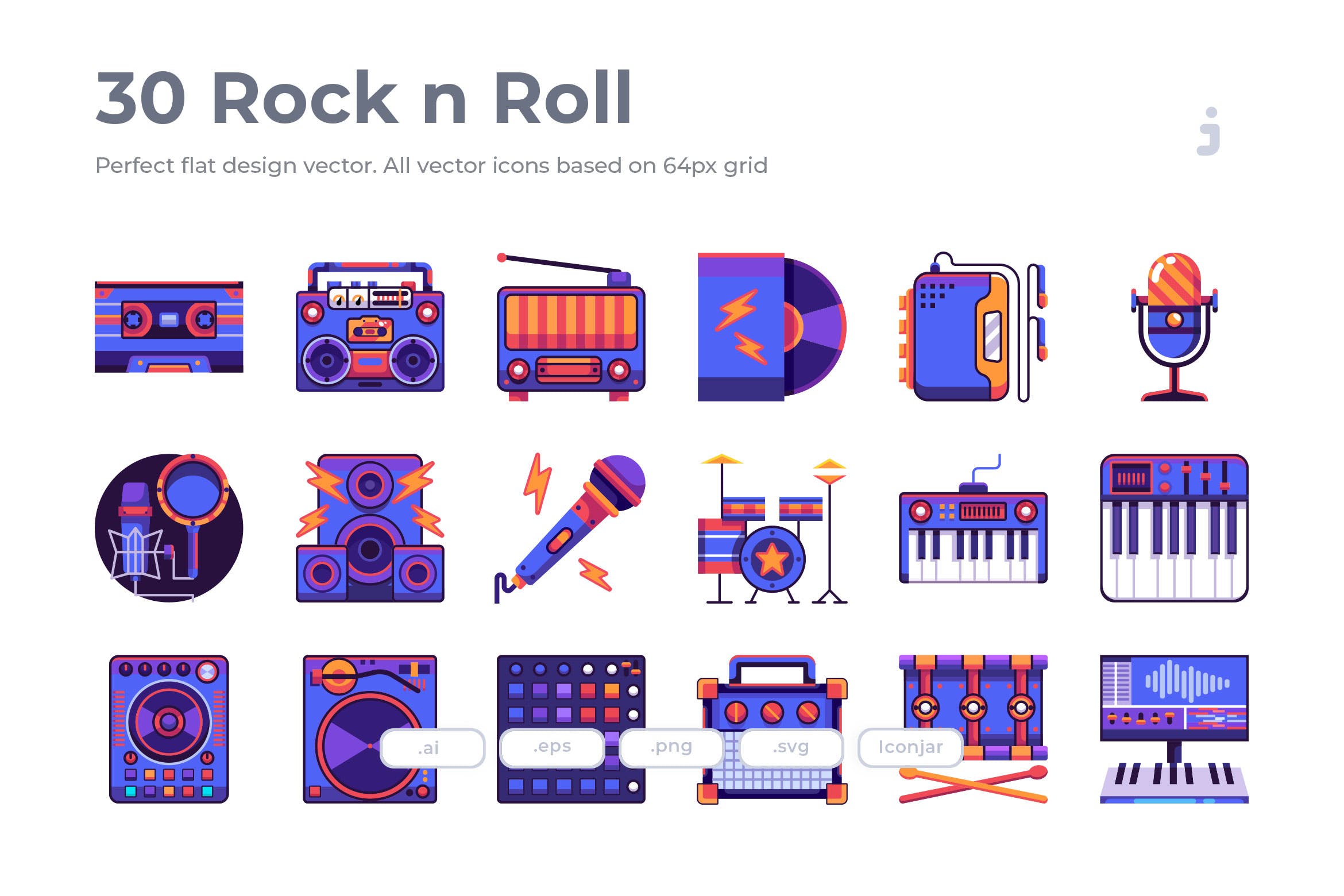 30枚摇滚音乐主题扁平化图标 30 Rock n Roll Icons – Flat插图