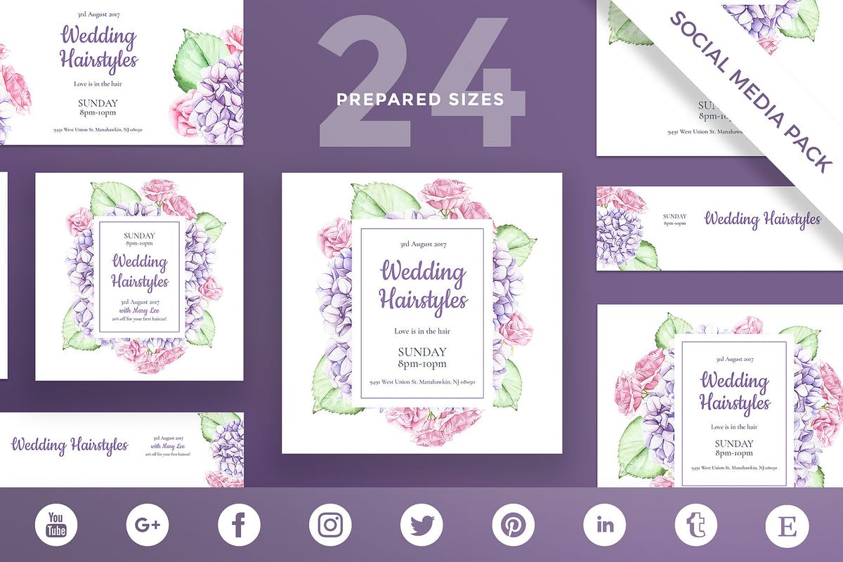 水彩花卉婚礼社交媒体设计套件 Wedding Hairstyle Social Media Pack Template插图