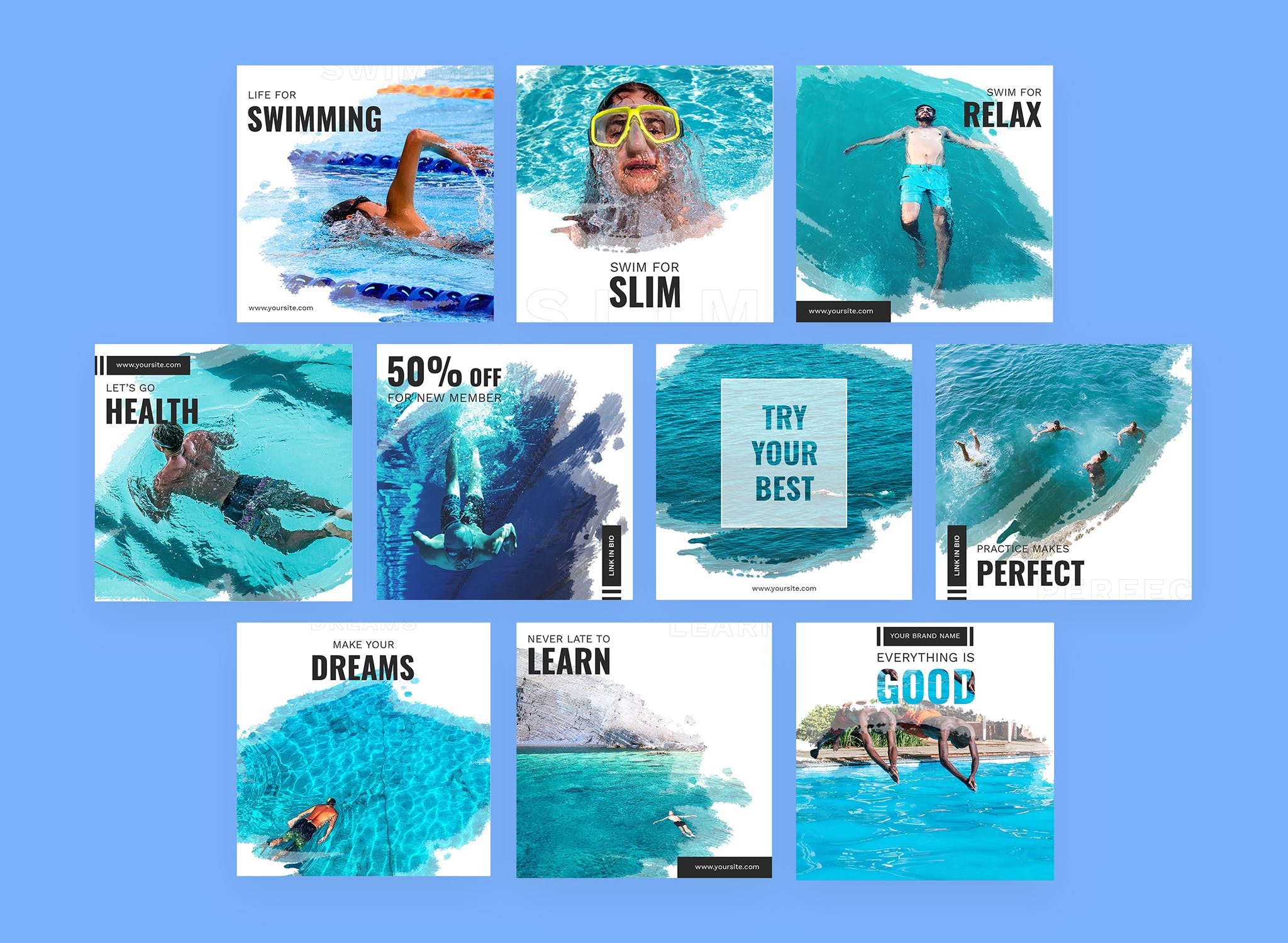 墨水印迹图形Instagram信息流贴图模板素材库精选 Plavanie – Instagram Feeds Pack插图(1)