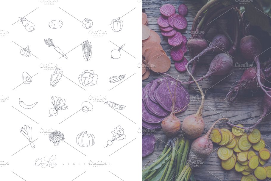 手绘钢笔线条风格水果蔬菜图标 One Line Vegetables & Fruit插图(3)