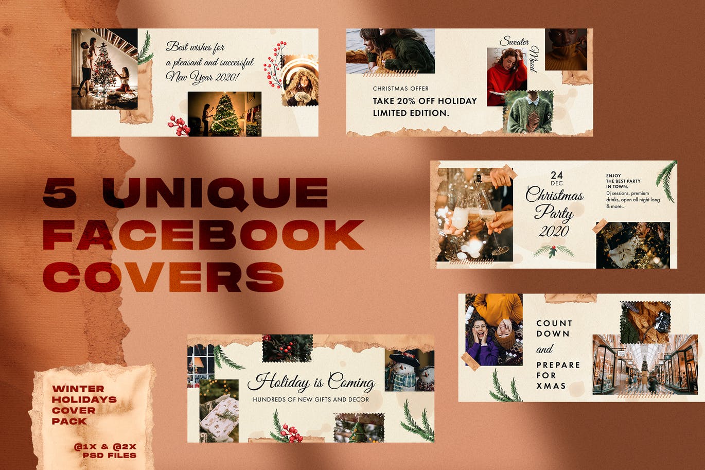 撕纸艺术风格圣诞节主题Facebook社交封面设计模板素材库精选 Christmas Facebook Covers插图