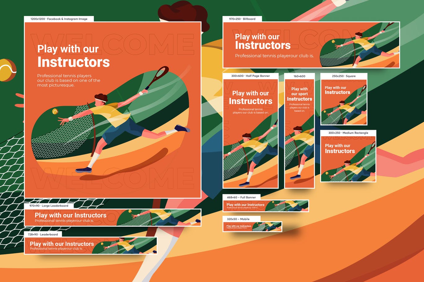 男子网球体育运动主题网站Banner广告图设计模板 Male Tennis Player Banners Ad Vector Illustration插图