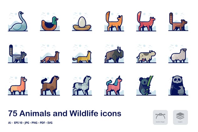 动物世界描边矢量图标合集 Animals Detailed Filled Outline Icons插图(3)