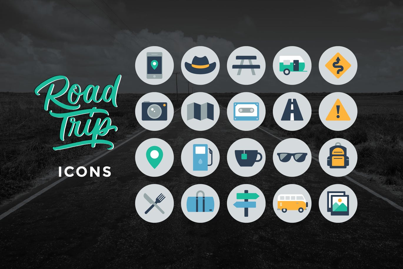 公路旅行主题圆形矢量素材库精选图标 Road Trip Icons插图