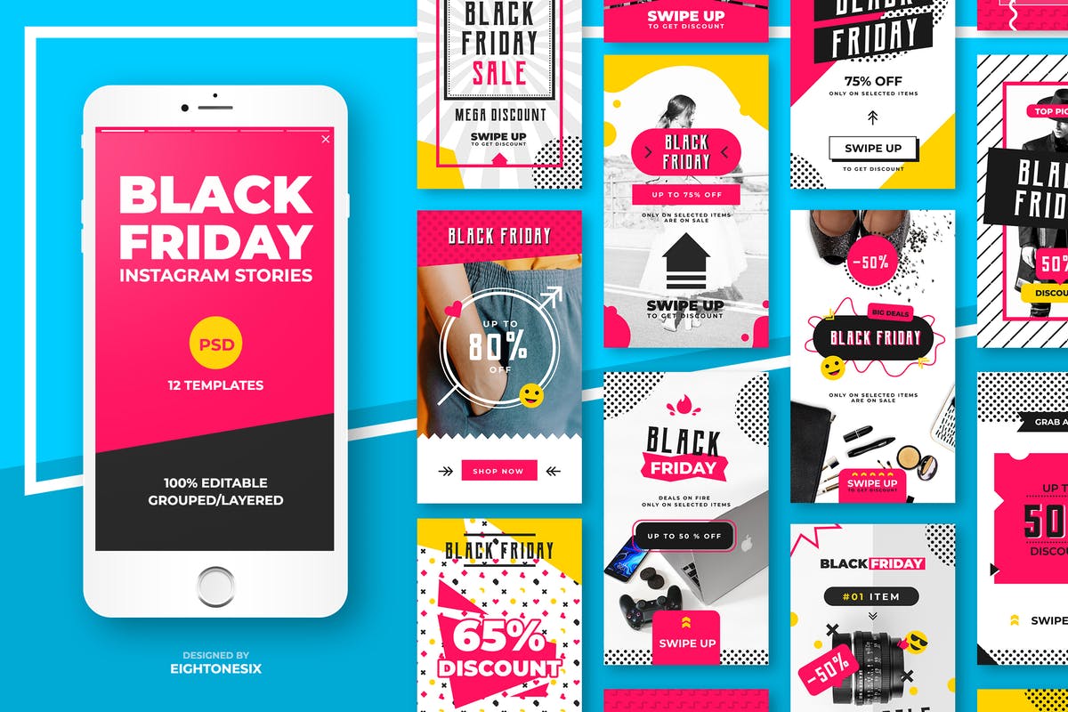 黑色星期五购物节Instagram故事促销广告模板素材库精选v5 Black Friday Instagram Story Feed Templates插图