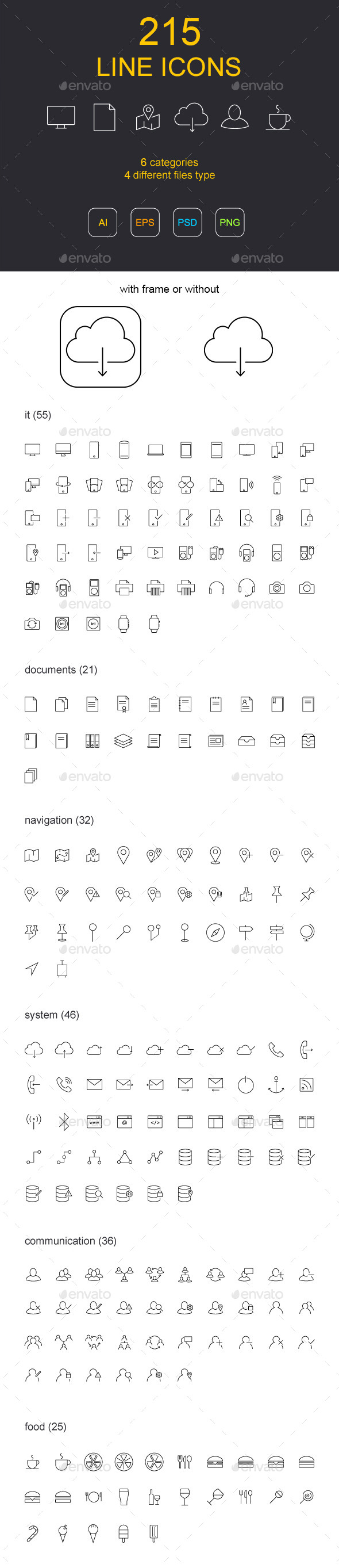 线框图标素材包 215 Line Icons（PSD, EPS, AI, JPG&PNG）插图