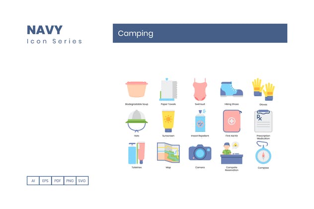 65枚户外露营旅行主题海军蓝图标素材 65 Camping Icons | Navy Series插图(3)