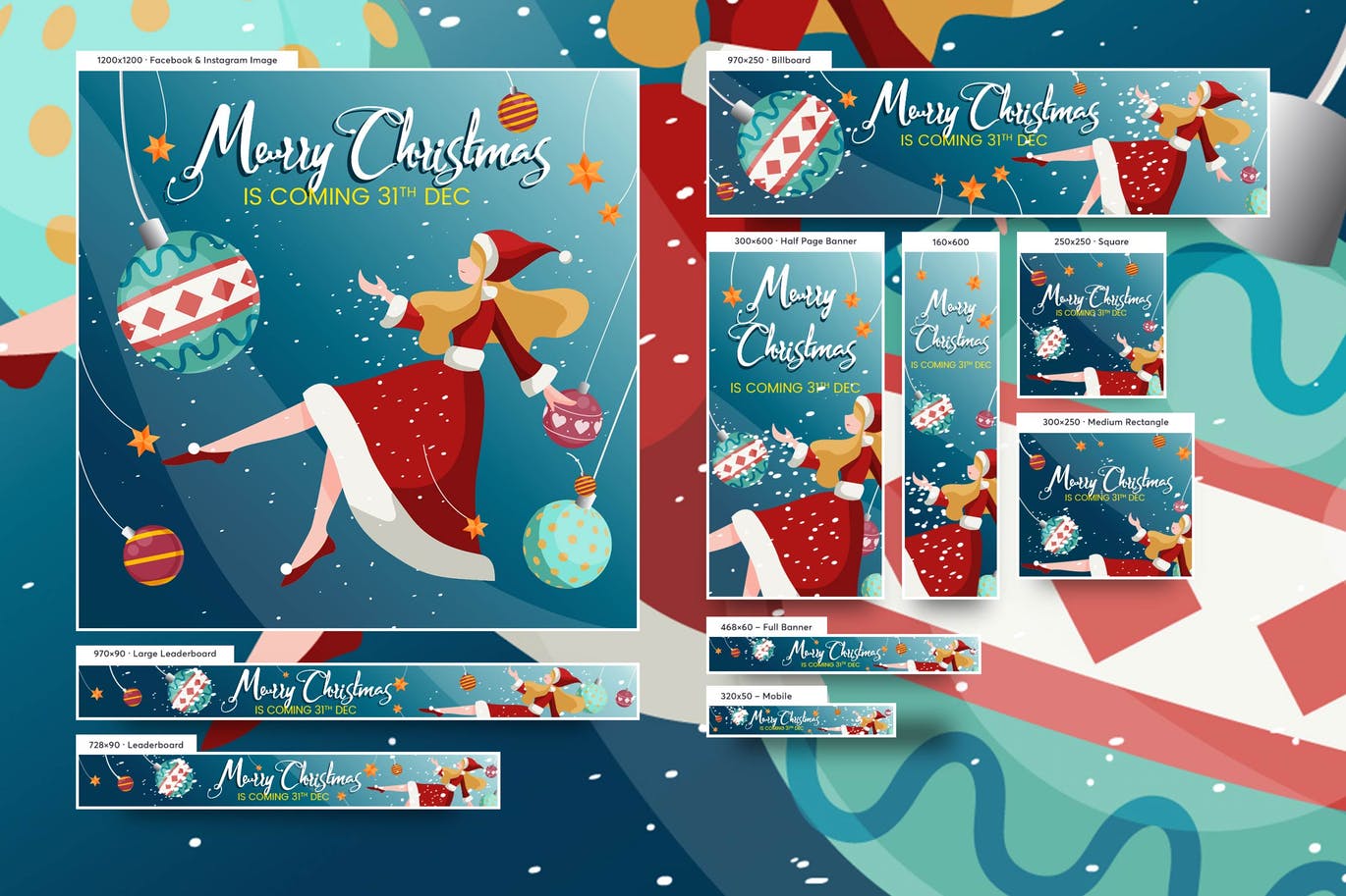 美丽小女孩插画圣诞节主题广告Banner图设计模板 Merry Christmas Beautiful Girl Banners Ad插图